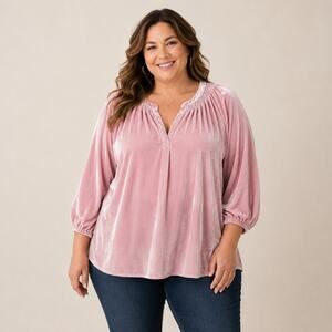 Crown & Ivy Womens 3X Blush Pink Velvet Plus Size Peasant Top Cottagecore Glam